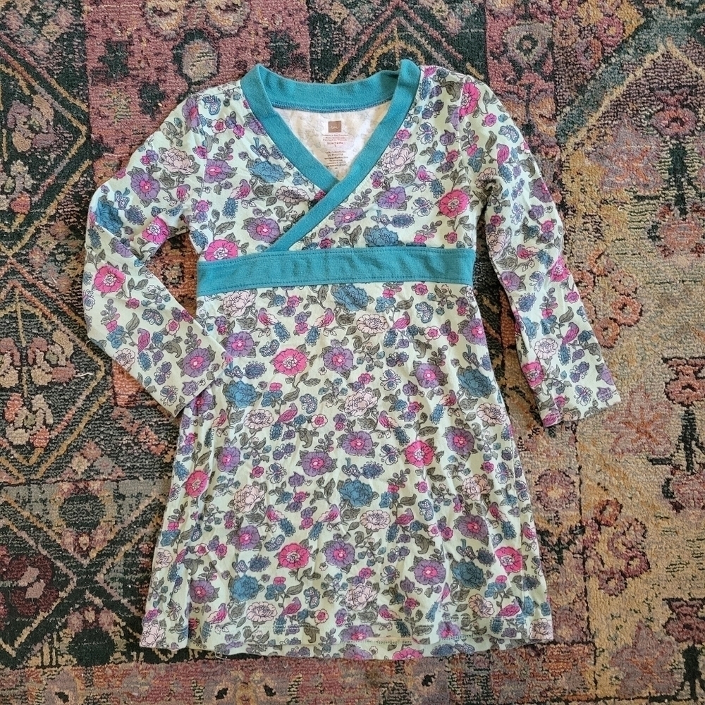 TEA COLLECTION Blue Floral Cotton Long Sleeve Dress Tunic Size 3 Toddler Girl.
